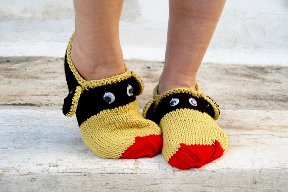 Knit Funny Animals Slippers, Mustard Yellow Red Brown Slippers, House Slippers,unisex