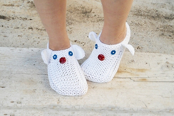 White Knit Slippers, Funny Animals Slippers, House Slippers,unisex