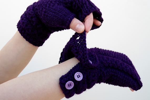 Fingerless Gloves, Knit Purple Mittens With Button, Arm Warmers, Winter Accessories