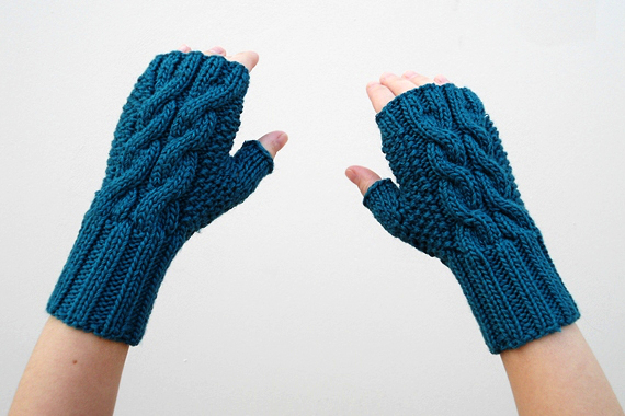 Dark Teal Mittens, Double Cable Fingerless Gloves, Knit Arm Warmers, Winter Accessories