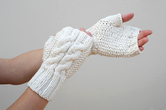 Knit Double Cable Fingerless Gloves, Beige Mittens, Arm Warmers, Winter Accessories