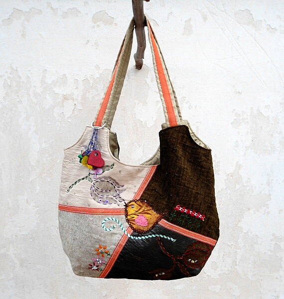 Hobo Bag In Grey Green Beige, Patchwork Bag Little Bird, Handmade Bag, Book Bag, City Bag.ready To Ship,single Copy.