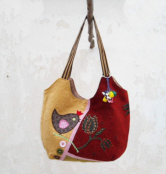 Hobo Bag In Red Green Yellow, Patchwork Bag Little Bird, Handmade Bag, Book Bag, City Bag.ready To Ship,single Copy.