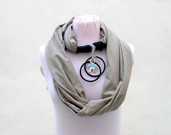 Khaki Scarf Necklace, Cotton Jersey Long Scarf, Super Gift, Circle Scarf Infinity, Women Teen