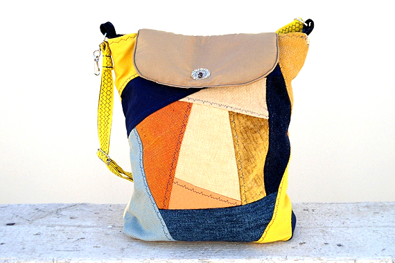 Backpack Or Hobo Bag Blue Yellow Beige, Cotton Patchwork Bag, Book Bag, City Bag. Ready To Ship, Single Copy.