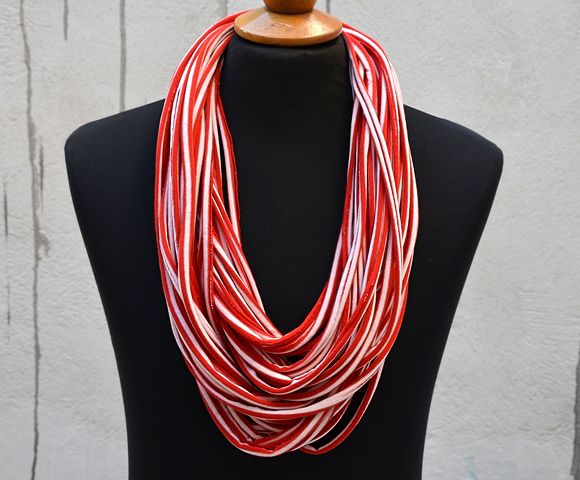 Striped Upcycle Infinity Scarf, Red White T Shirt Tee Scarf, Jersey ...
